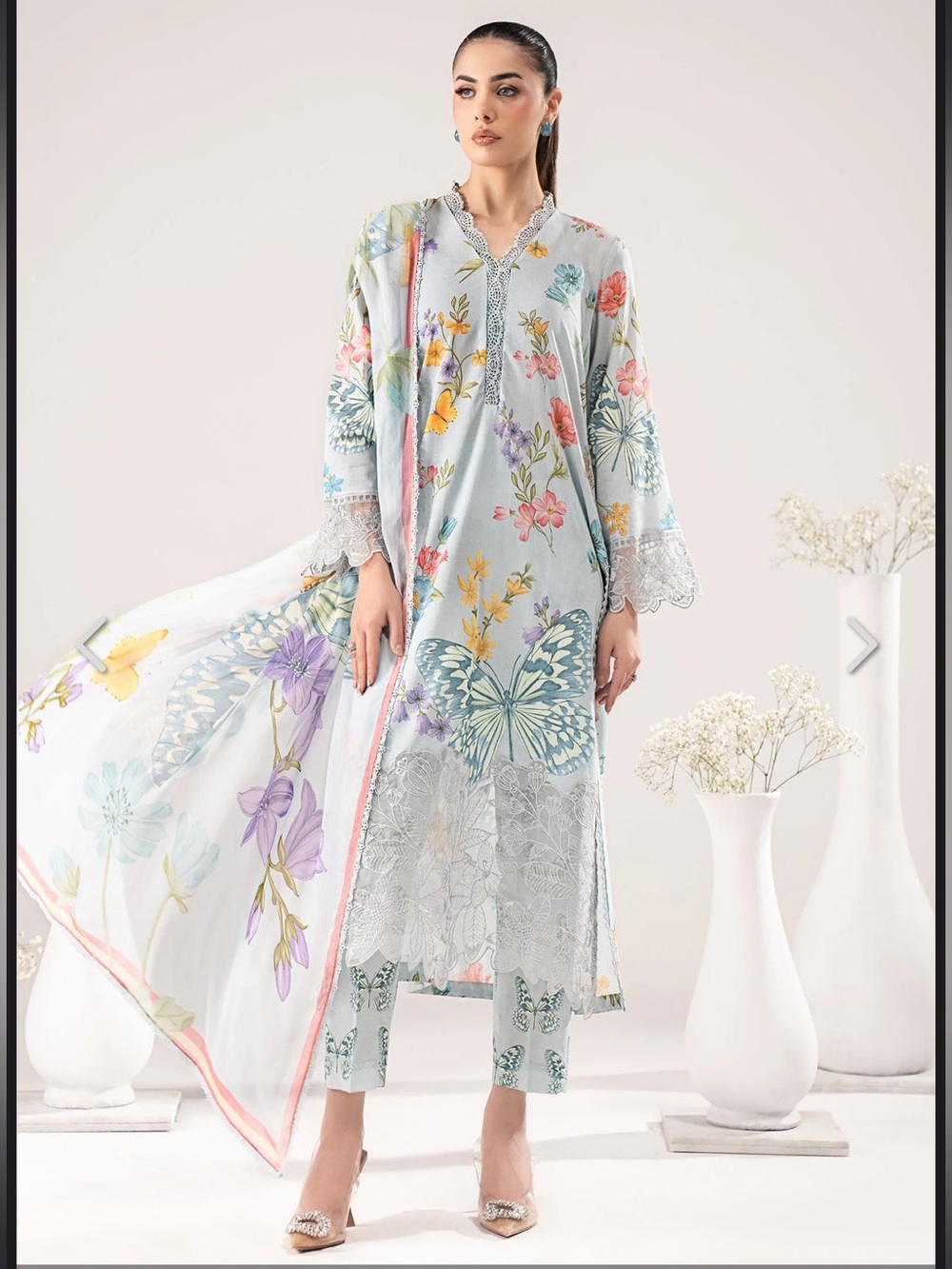 Light Blue Floral Butterfly Lawn Dress with Chiffon Duppat